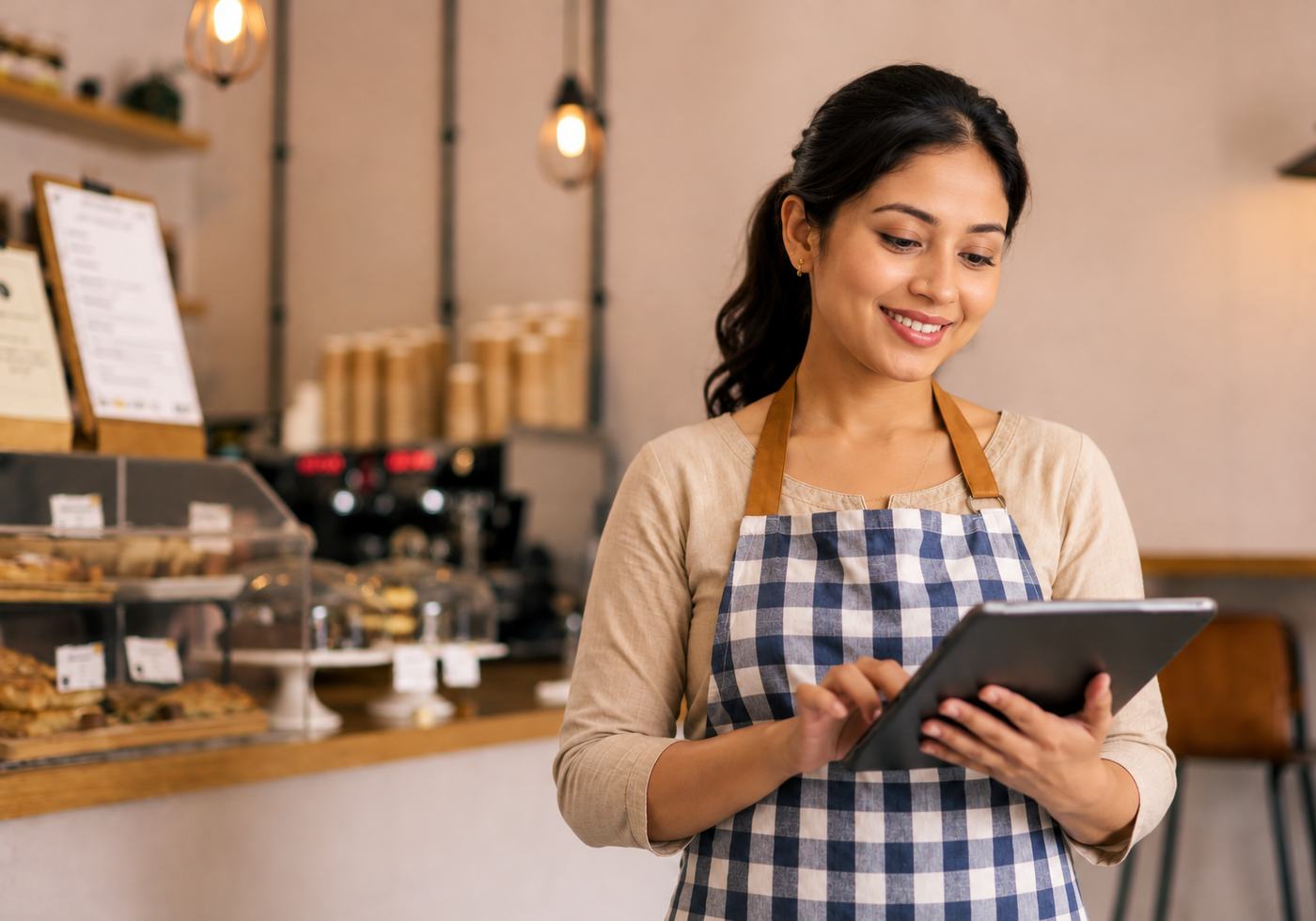 A café owner taking an order on a tablet behind the counter
